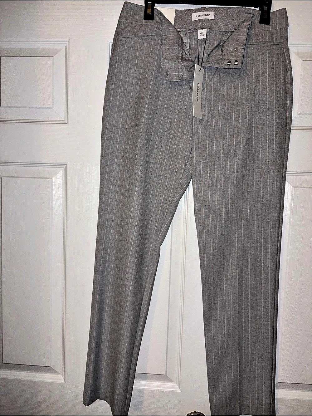 Calvin Klein Modern Essential Pant Striped Straight Leg Pants in Gray Size 8 NWT